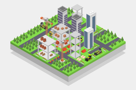 Isometric urban landscape with city buildings and industrial facilities. Vector illustration.のイラスト素材