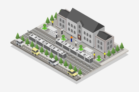 Isometric 3D flat concept vector illustration of urban buildings and streets.のイラスト素材