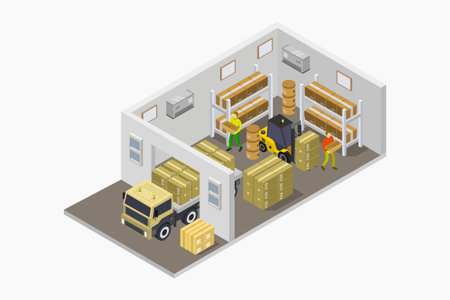 Warehouse isometric composition with warehouse storage equipment and workers vector illustrationのイラスト素材