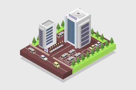Isometric flat 3D concept vector illustration of hospital building, medical center and ambulance.のイラスト素材