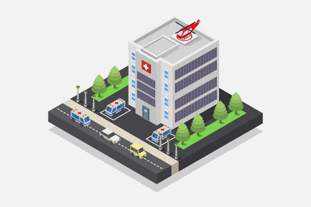Isometric flat 3D concept vector illustration of hospital building, ambulance, fire station and parking lotのイラスト素材