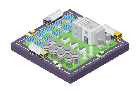 Isometric industrial building with solar panels and industrial equipment. Vector illustration.のイラスト素材