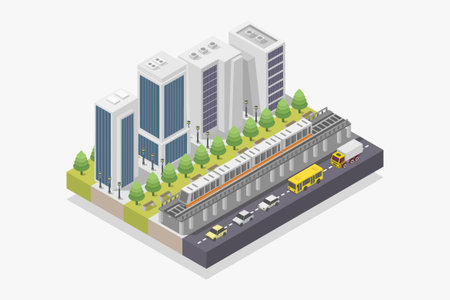 Modern city isometric composition with skyscrapers and train vector illustrationのイラスト素材