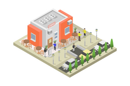 Isometric supermarket building with people on the street. Vector illustration.のイラスト素材