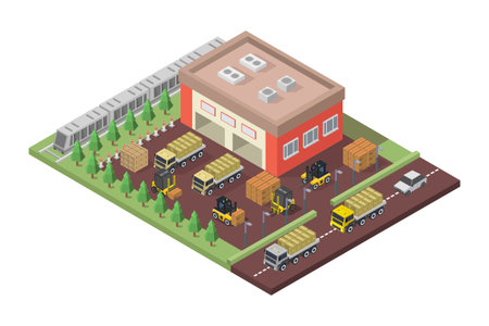 Isometric warehouse with freight train and warehouse. Industrial building. Vector illustration.のイラスト素材