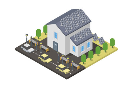 Solar energy house isometric vector illustration. Alternative energy sources. Renewable energy.のイラスト素材