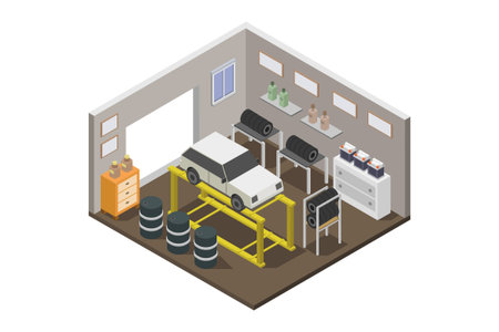 Interior of a car repair shop. Isometric 3D illustration.のイラスト素材