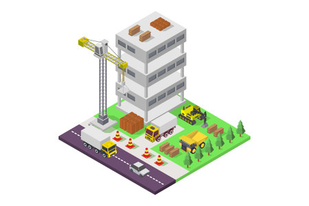 isometric construction site with building, crane, truck and boxes vector illustrationのイラスト素材