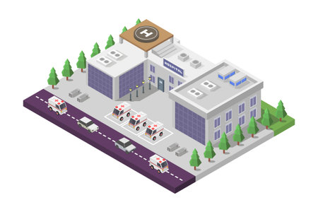 Isometric hospital building with parking lot and police car. Vector illustration.のイラスト素材