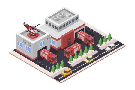 isometric fire station, firetruck, car and bus.