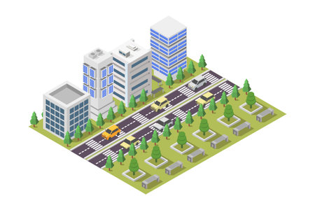 Isometric city buildings and roads. Vector illustration in flat style.のイラスト素材