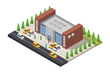 Isometric bank building with cars on the road. Vector illustration.のイラスト素材