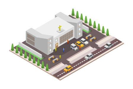Isometric hospital building with cars and people on the road vector illustrationのイラスト素材