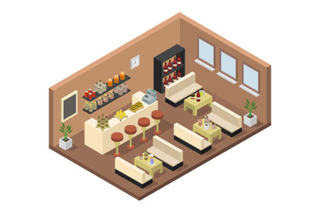 Isometric restaurant interior. Isometric interior of the restaurant. Vector illustrationのイラスト素材