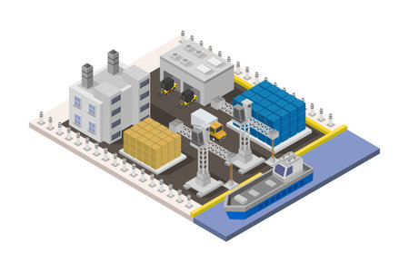 Isometric factory building. Industrial facilities. Vector illustration in isometric style.のイラスト素材