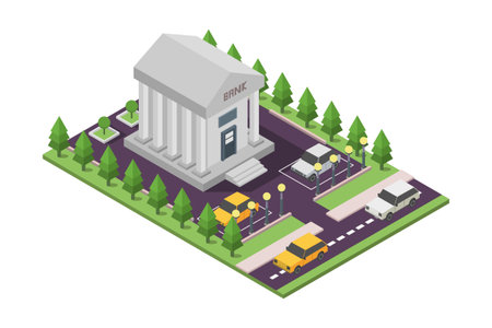Isometric bank building on the street. Vector illustration in flat style.のイラスト素材