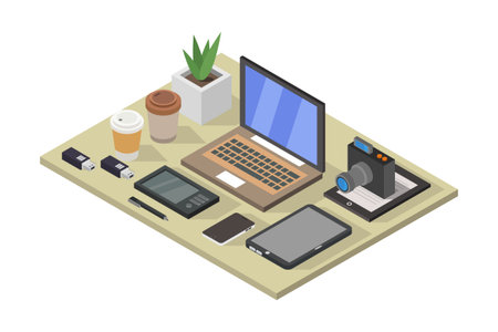 Flat isometric vector illustration of a working space with a laptop, a smartphone, a camera, a cup of coffee and a plantのイラスト素材