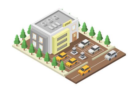 Isometric hospital building with parking lot and cars. Vector illustration.のイラスト素材