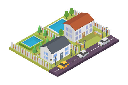 Isometric urban landscape with houses, roads and cars. Vector illustrationのイラスト素材