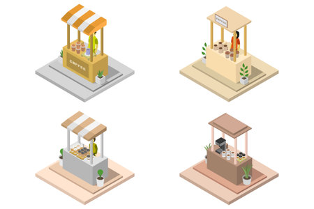 Isometric food stall. Street food kiosk. Isometric vector illustration.のイラスト素材