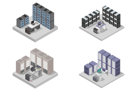 Set of isometric office buildings and office facilities. Vector illustration.