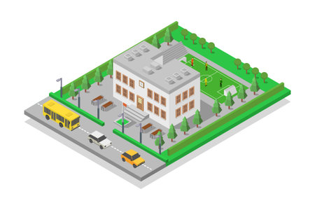 Isometric school building and traffic on the road. Vector illustration.のイラスト素材