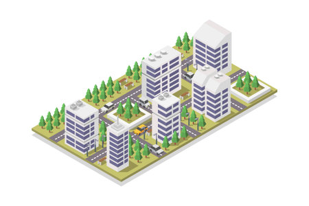 Isometric city with modern skyscrapers and green trees. Vector illustration.のイラスト素材