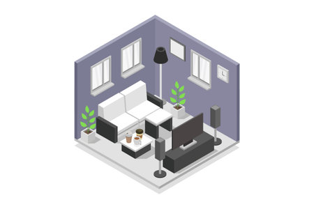 Living room isometric concept vector illustration. Flat 3d isometric living room interior.のイラスト素材