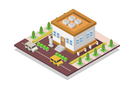 Isometric flat 3D vector illustration of a small town on the streetのイラスト素材