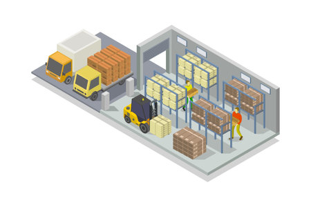 Warehouse isometric composition with warehouse equipment and workers with boxes vector illustrationのイラスト素材
