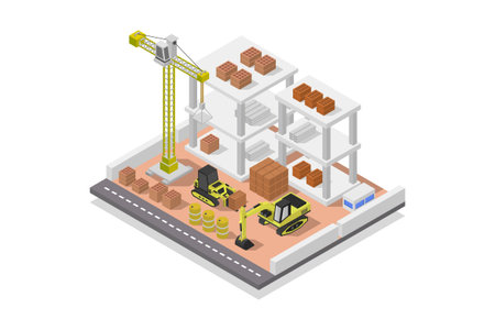 Construction site isometric composition with building and crane on floor vector illustrationのイラスト素材