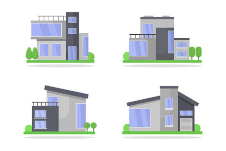Set of modern houses. Vector illustration in flat style. Isolated on white background.のイラスト素材