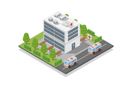 Isometric hospital building. Vector illustration of a hospital building with ambulance, ambulance car and trees.のイラスト素材