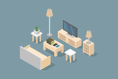 Flat isometric interior of living room vector illustration. Furniture design concept.のイラスト素材