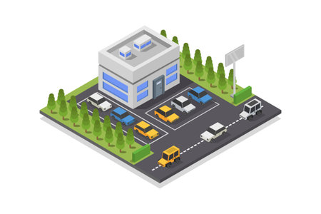 Isometric hospital with car, bus and parking lot. Vector illustration.のイラスト素材