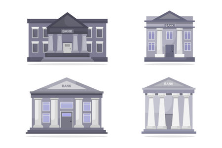 Bank building set. Vector illustration in flat cartoon style isolated on white background.のイラスト素材