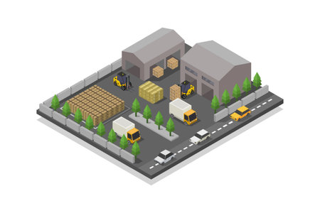 Warehouse isometric composition with warehouse and trucks on the road vector illustrationのイラスト素材
