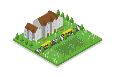 Isometric school building and school bus on the green grass. Vector illustration.のイラスト素材