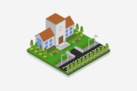 Isometric vector illustration of a school building on a white background.のイラスト素材