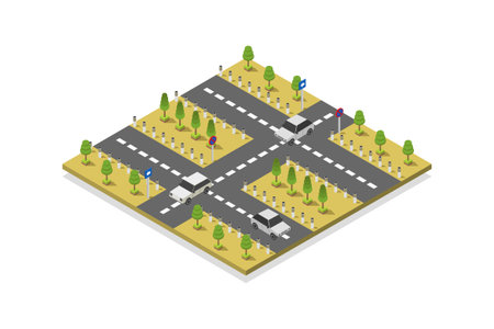 isometric city road with trees and traffic lights on white background vector illustrationのイラスト素材