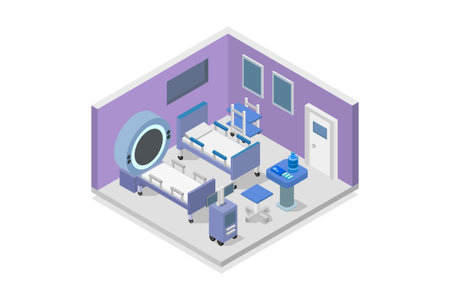 Medical room isometric vector illustration. Modern hospital room with medical equipment.のイラスト素材
