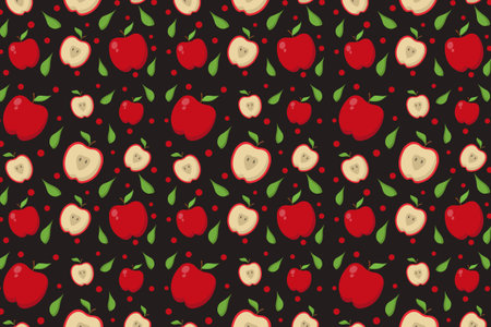 Seamless pattern with red apples on black background. Vector illustration.