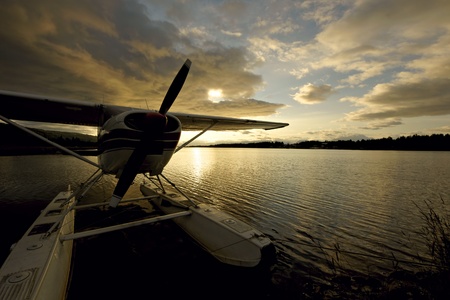 Close-up of seaplane during sunrise in Homer, Alaskaの写真素材