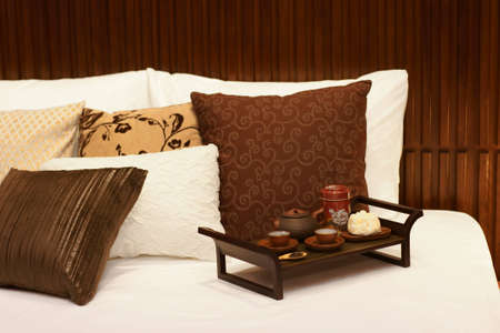 Tea time on bedの写真素材
