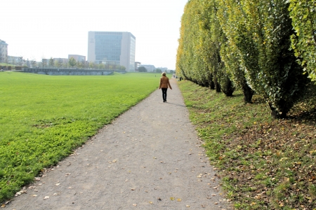 lady walking in a public parkの写真素材