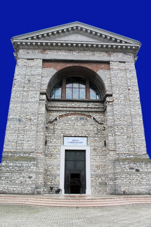 facade of the cathedral in a small town in northern Italyの写真素材
