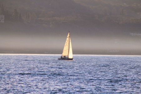 sailing on Lake Garda in Italyの写真素材