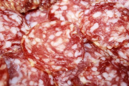 background slices of salamiの写真素材