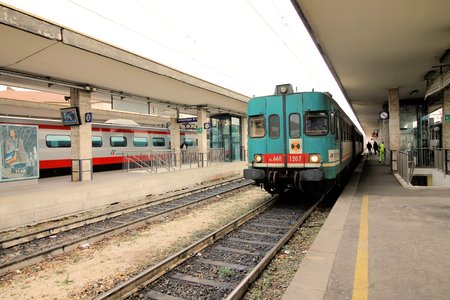 train waiting at the railway stationのeditorial素材