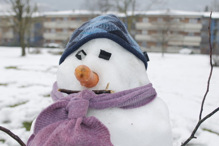 Snowman stands in the parkの写真素材